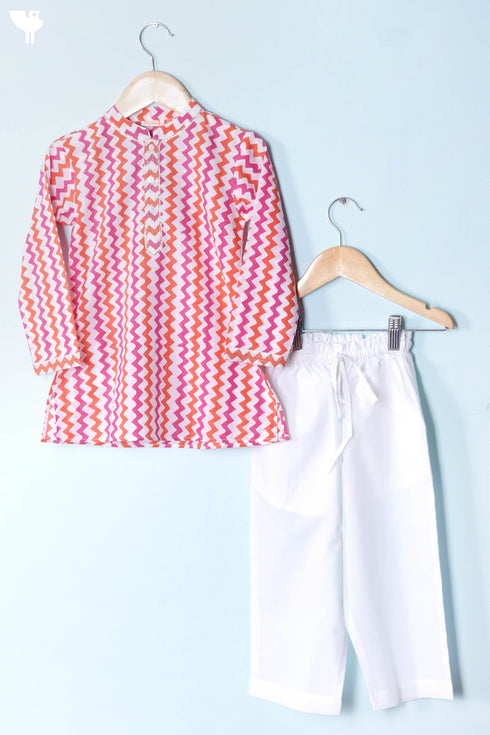 Cotton Boys Kurta Pajama Set With Vest In Block Print