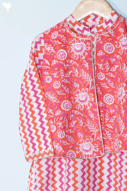 Cotton Boys Kurta Pajama Set With Vest In Block Print