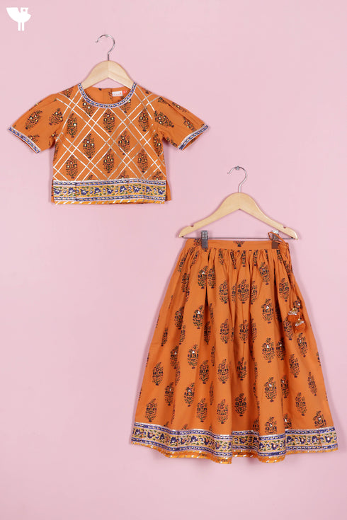 Cotton Lehenga Set In Floral Block Print