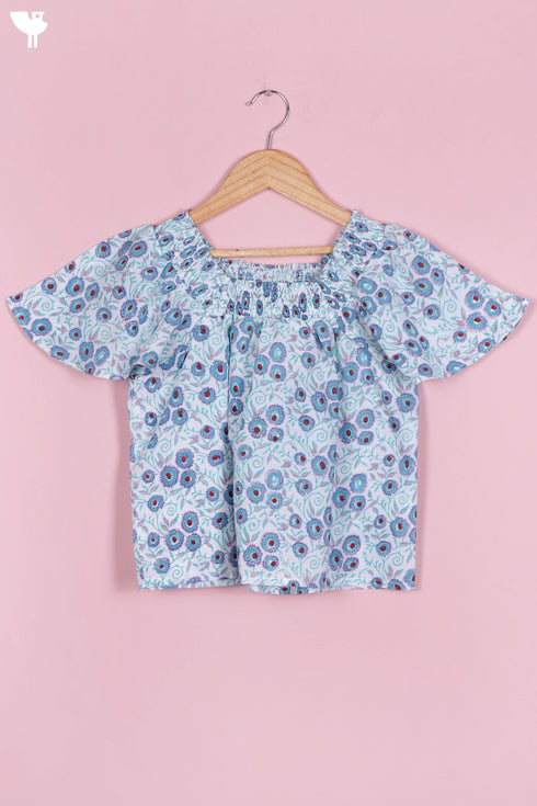 Cambric Cotton Shirred Top In Floral Block Print