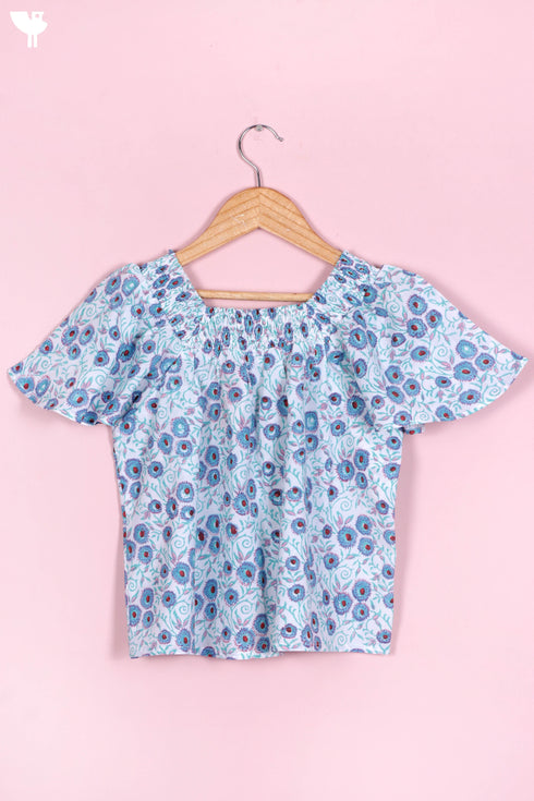 Cambric Cotton Shirred Top In Floral Block Print