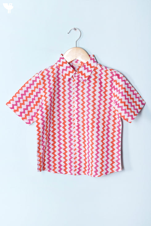Cambric Cotton Boys Shirt In Zigzag Block Print