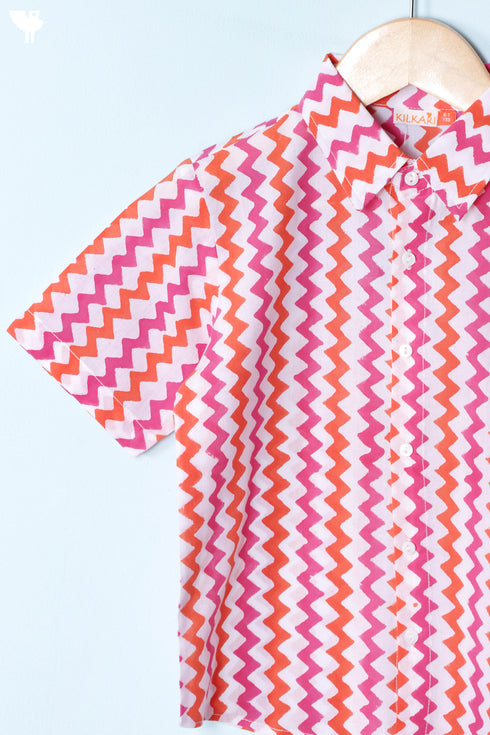 Cambric Cotton Boys Shirt In Zigzag Block Print