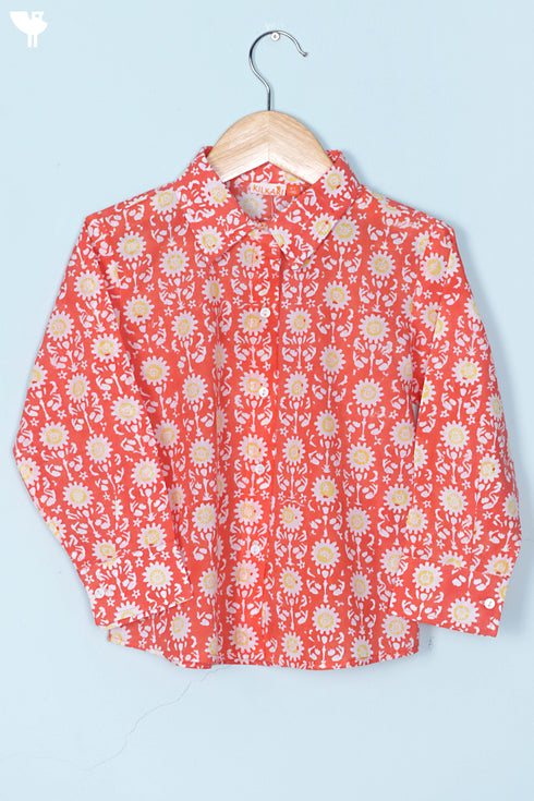 Cambric Cotton Boys Shirt In Floral Block Print