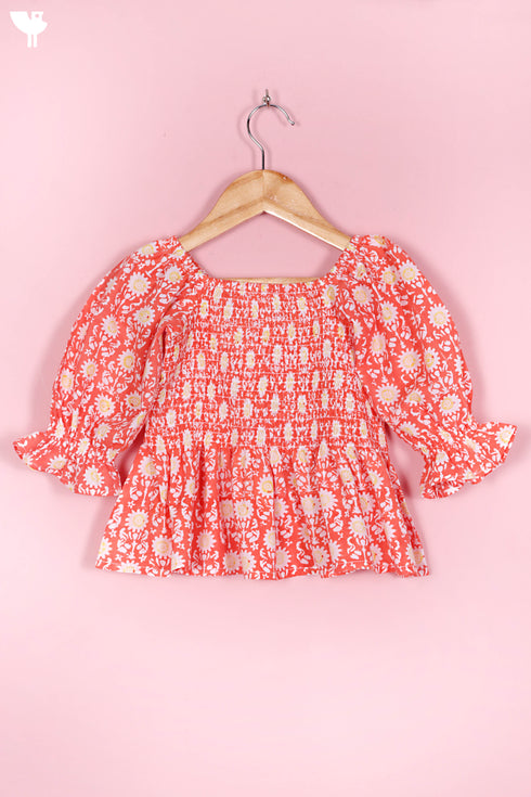 Cambric Cotton Shirred Top In Floral Block Print