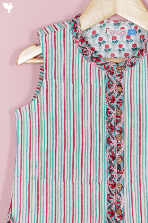 Cambric Cotton Quilted Vest In Block Print