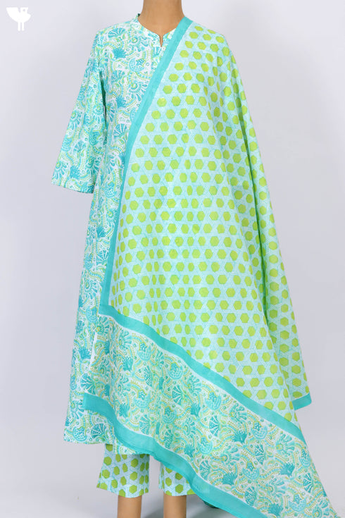 Cambric Cotton Kurta And Pant Set With Mulmul Dupatta In Block Print