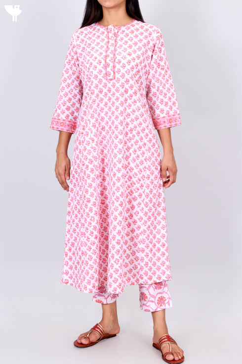Cambric Cotton Kurta And Pant Set With Kota Doria Dupatta In Block Print