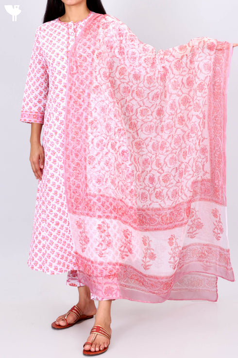 Cambric Cotton Kurta And Pant Set With Kota Doria Dupatta In Block Print