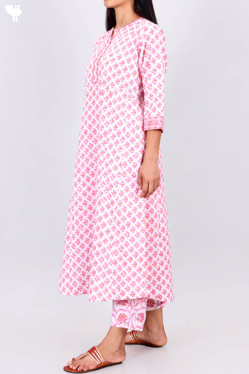 Cambric Cotton Kurta And Pant Set With Kota Doria Dupatta In Block Print