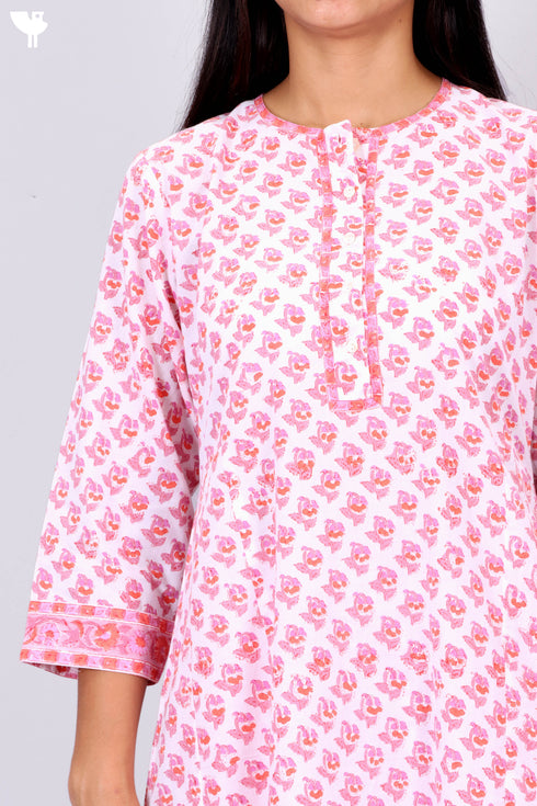 Cambric Cotton Kurta And Pant Set With Kota Doria Dupatta In Block Print