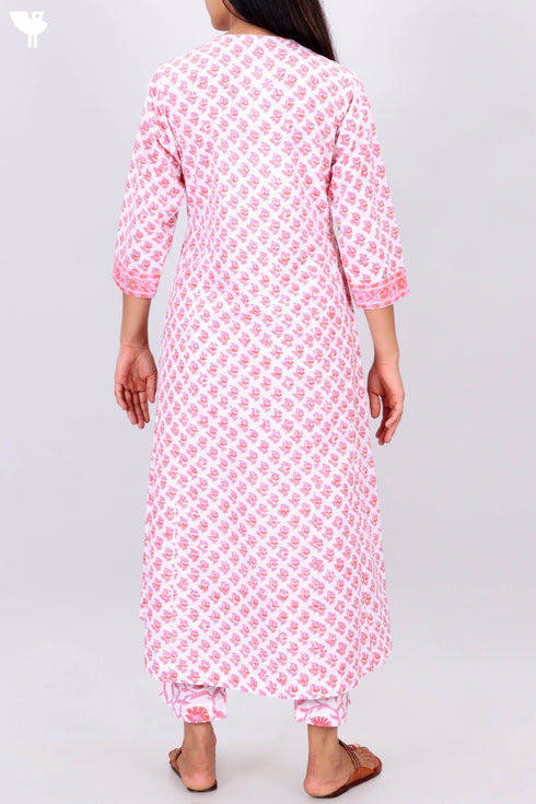 Cambric Cotton Kurta And Pant Set With Kota Doria Dupatta In Block Print