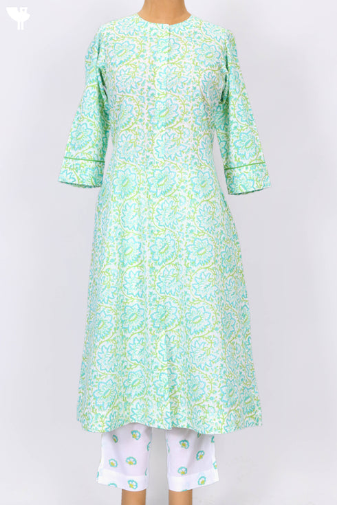 Cambric Cotton Kurta And Pant Set With Kota Doria Dupatta In Block Print