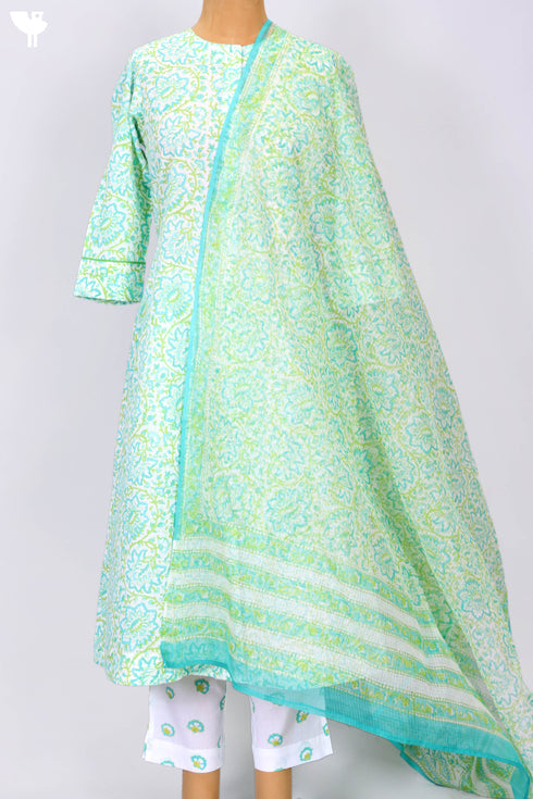 Cambric Cotton Kurta And Pant Set With Kota Doria Dupatta In Block Print