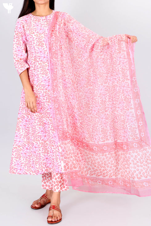 Cotton Kurta Pant And Dupatta Set In Floral Block Print