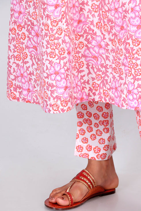 Cotton Kurta Pant And Dupatta Set In Floral Block Print