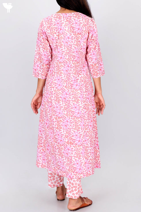 Cotton Kurta Pant And Dupatta Set In Floral Block Print