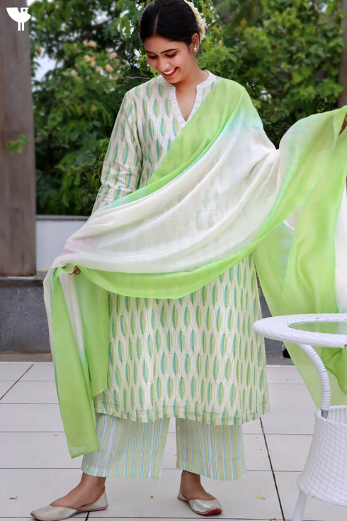 Chanderi Silk Kurta With Dupatta In Graphic Block Print