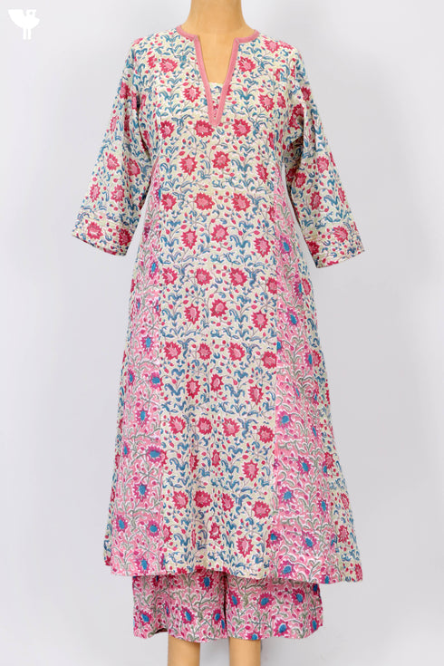Mulmul CottonKurta And Pant Set In Floral Block Print