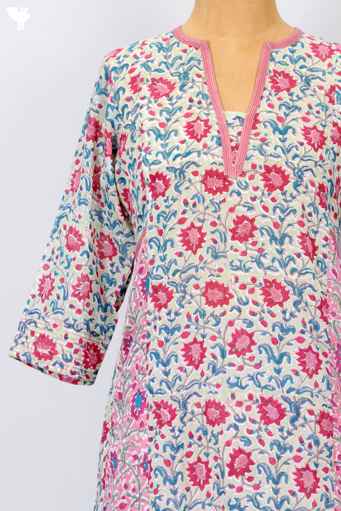 Mulmul CottonKurta And Pant Set In Floral Block Print