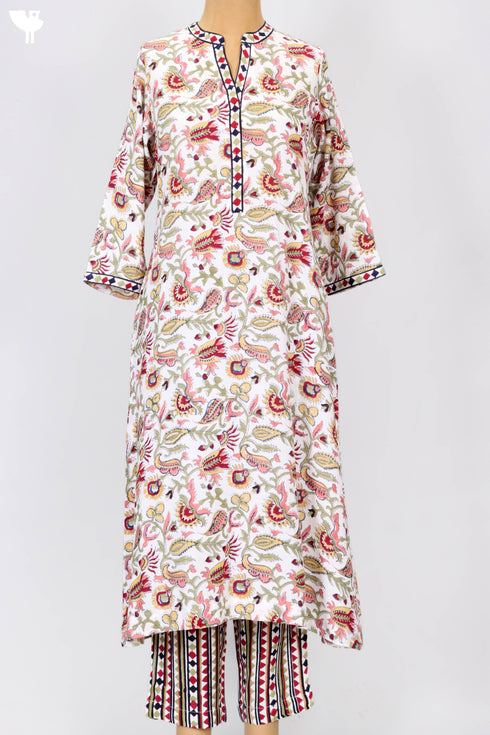 Slub Rayon Kurta And Pant Set In Floral Block Print