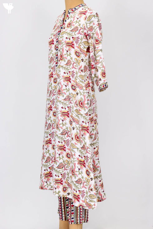 Slub Rayon Kurta And Pant Set In Floral Block Print