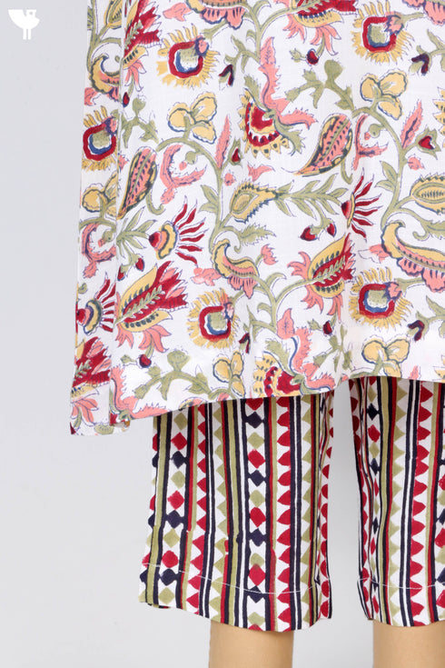 Slub Rayon Kurta And Pant Set In Floral Block Print