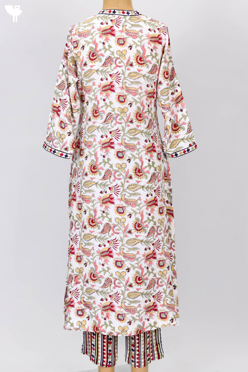 Slub Rayon Kurta And Pant Set In Floral Block Print