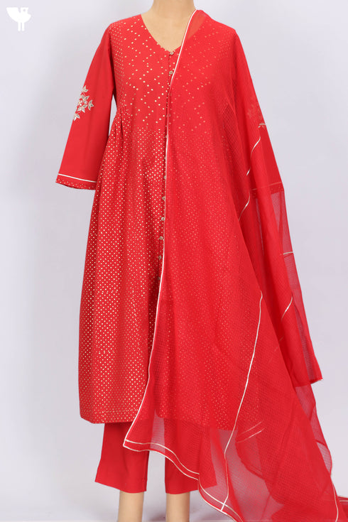 Cambric Cotton Kurta Dupatta And Pant Set In Gold Block Print
