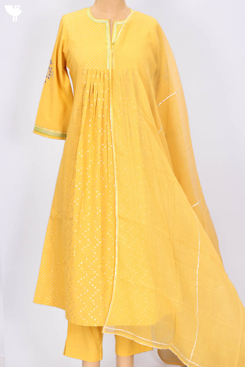 Cambric Cotton Kurta Dupatta And Pant Set In Gold Block Print