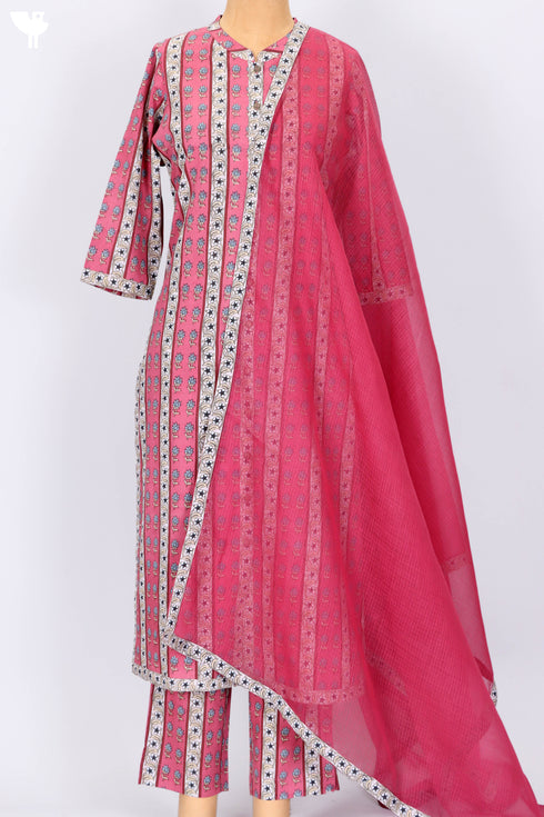 Cotton Kurta And Pant Set With Kota Doria Dupatta In Floral Print