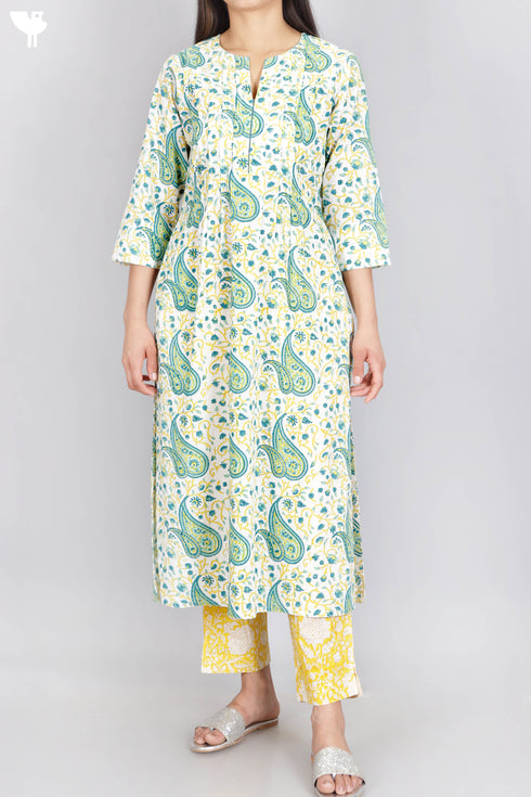Cambric Cotton Kurta And Pant Set In Floral Block Print
