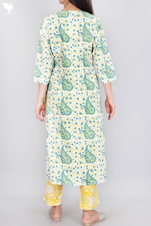 Cambric Cotton Kurta And Pant Set In Floral Block Print