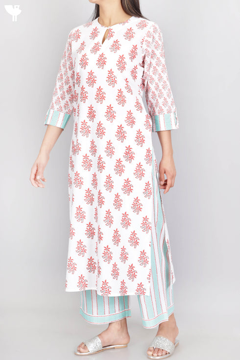 Cambric Cotton Kurta And Pant Set In Floral Block Print