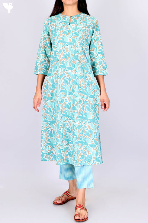 Cambric Cotton Kurta, Dupatta And Pant Set In Block Print