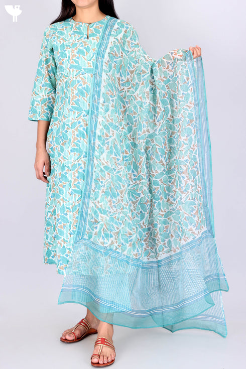 Cambric Cotton Kurta, Dupatta And Pant Set In Block Print