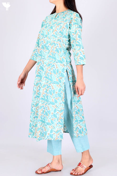 Cambric Cotton Kurta, Dupatta And Pant Set In Block Print