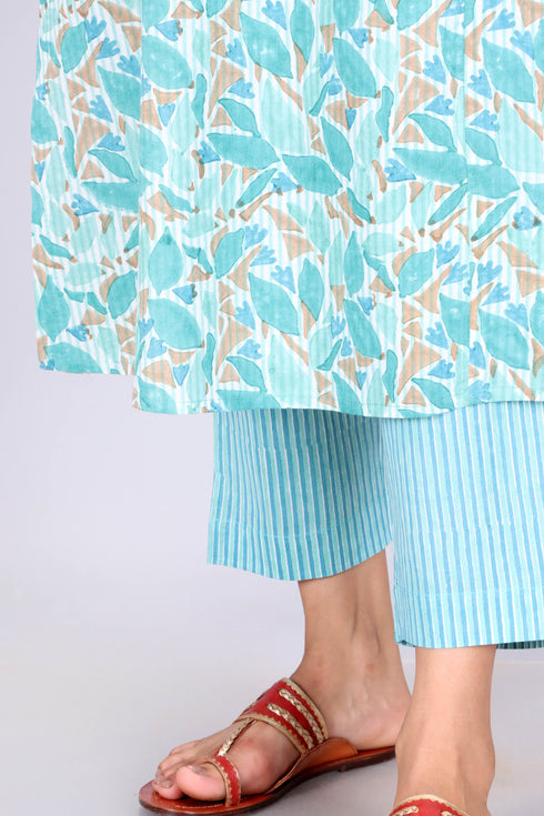 Cambric Cotton Kurta, Dupatta And Pant Set In Block Print