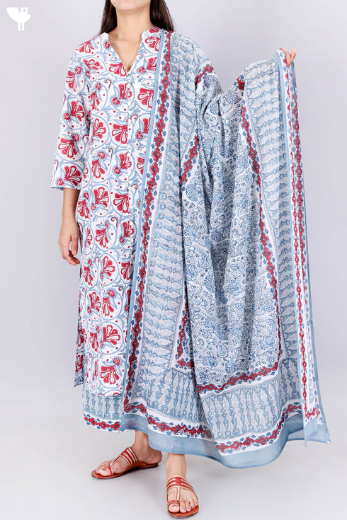 Cambric Cotton Kurta, Dupatta And Pant Set In Floral Block Print