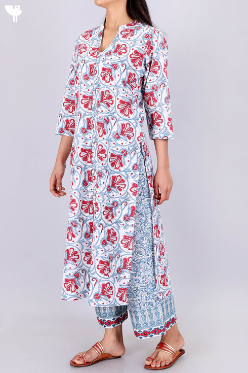 Cambric Cotton Kurta, Dupatta And Pant Set In Floral Block Print