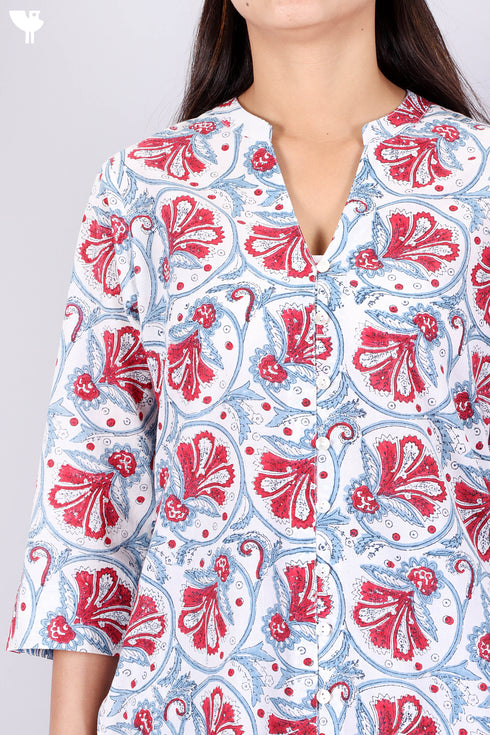 Cambric Cotton Kurta, Dupatta And Pant Set In Floral Block Print