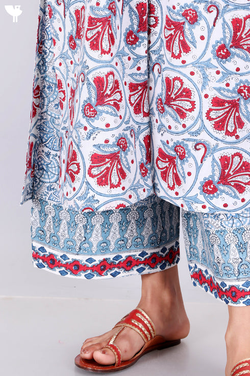 Cambric Cotton Kurta, Dupatta And Pant Set In Floral Block Print