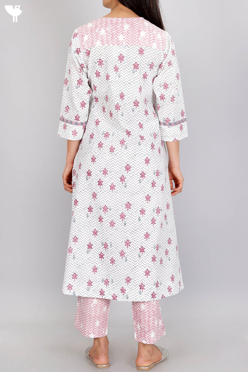 Slub Cotton Kurta And Pant Set In Floral Print