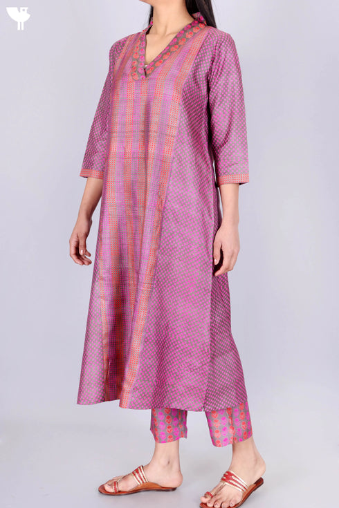 Tussar Silk Kurta, Pant and Dupatta Set In Block Print