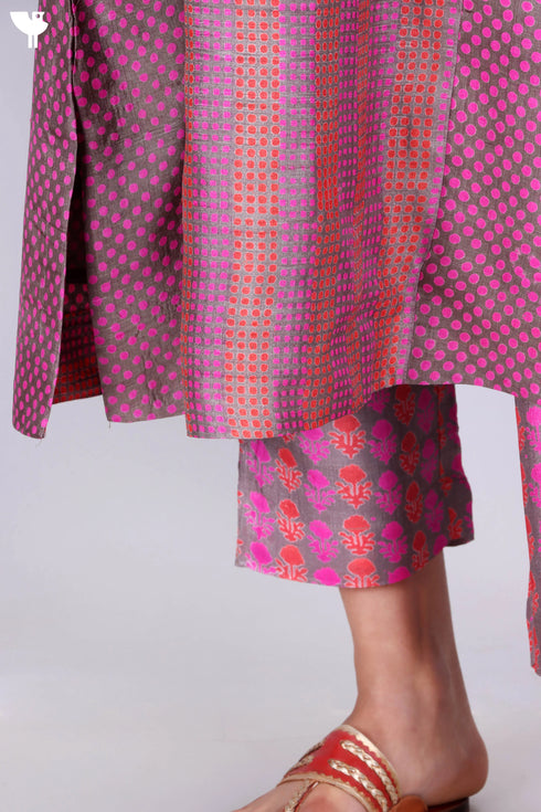 Tussar Silk Kurta, Pant and Dupatta Set In Block Print