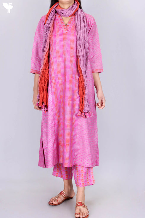 Tussar Silk Kurta, Pant and Dupatta Set In Block Print