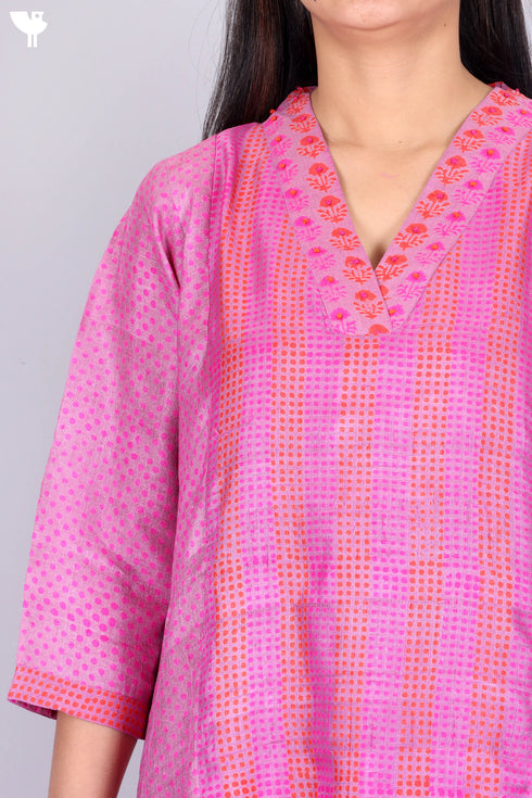 Tussar Silk Kurta, Pant and Dupatta Set In Block Print