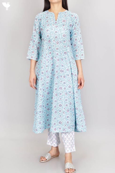 Cotton Kurta, Dupatta And Pant Set In Block Print