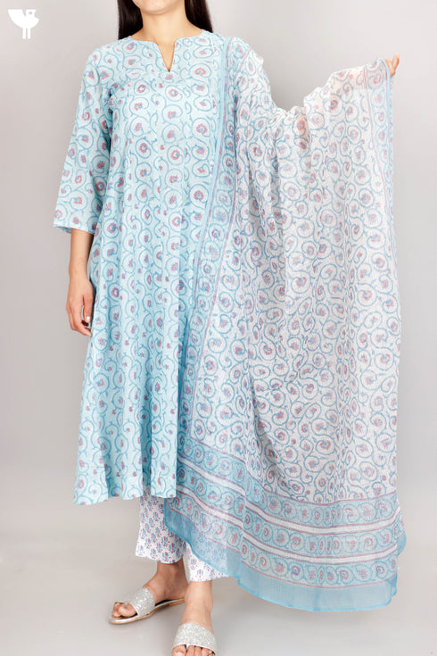 Cotton Kurta, Dupatta And Pant Set In Block Print