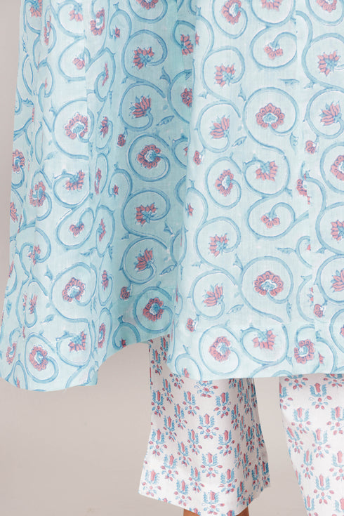 Cotton Kurta, Dupatta And Pant Set In Block Print
